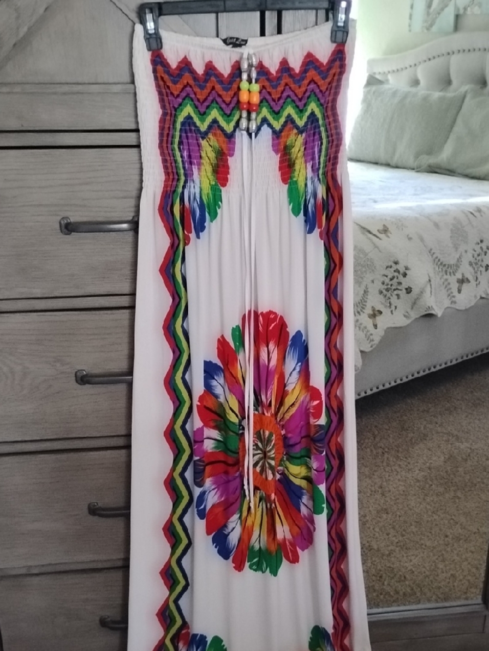Just Love Cream Maxi Skirt with Multicolor Feather Motif